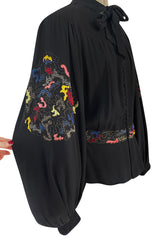Extraordinary 1940s Hand Embroidered & Beaded Black Moss Crepe Balloon Sleeve Top
