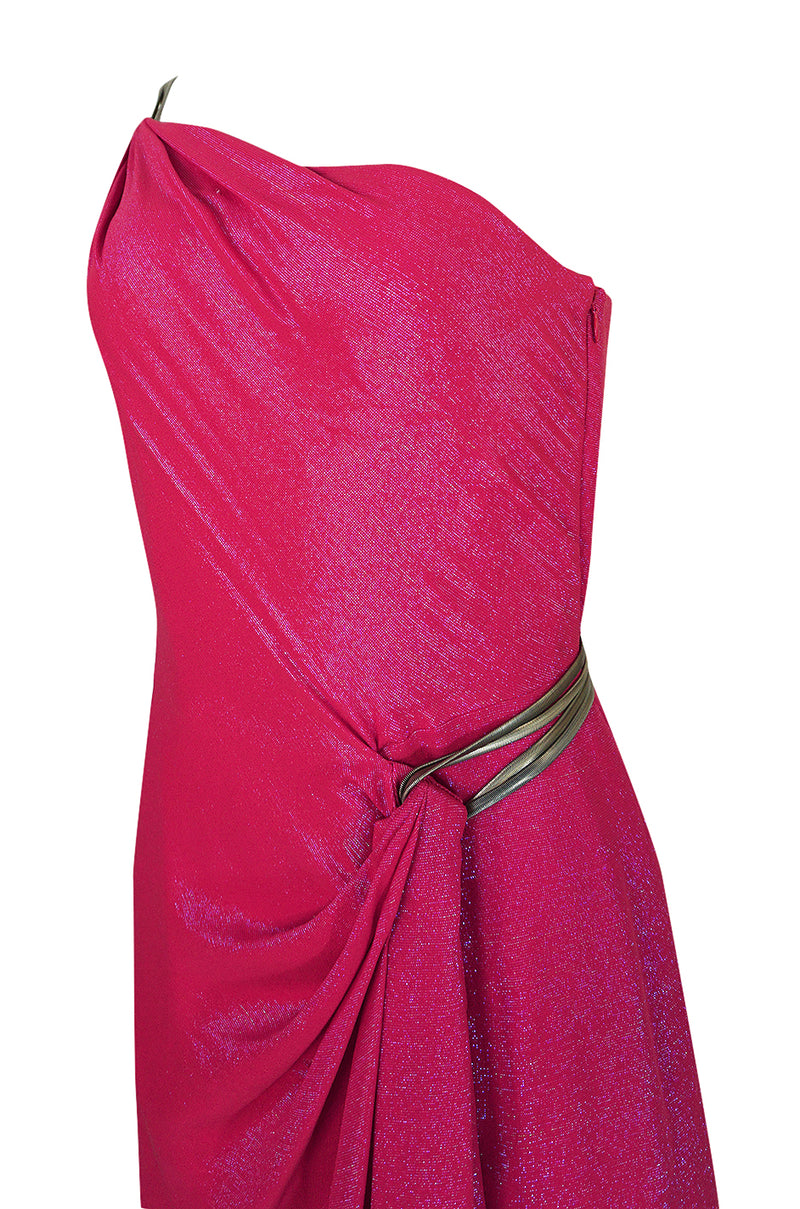 1990s Thierry Mugler Couture Bright Pink Metallic Lurex One Shoulder Dress w High Slit