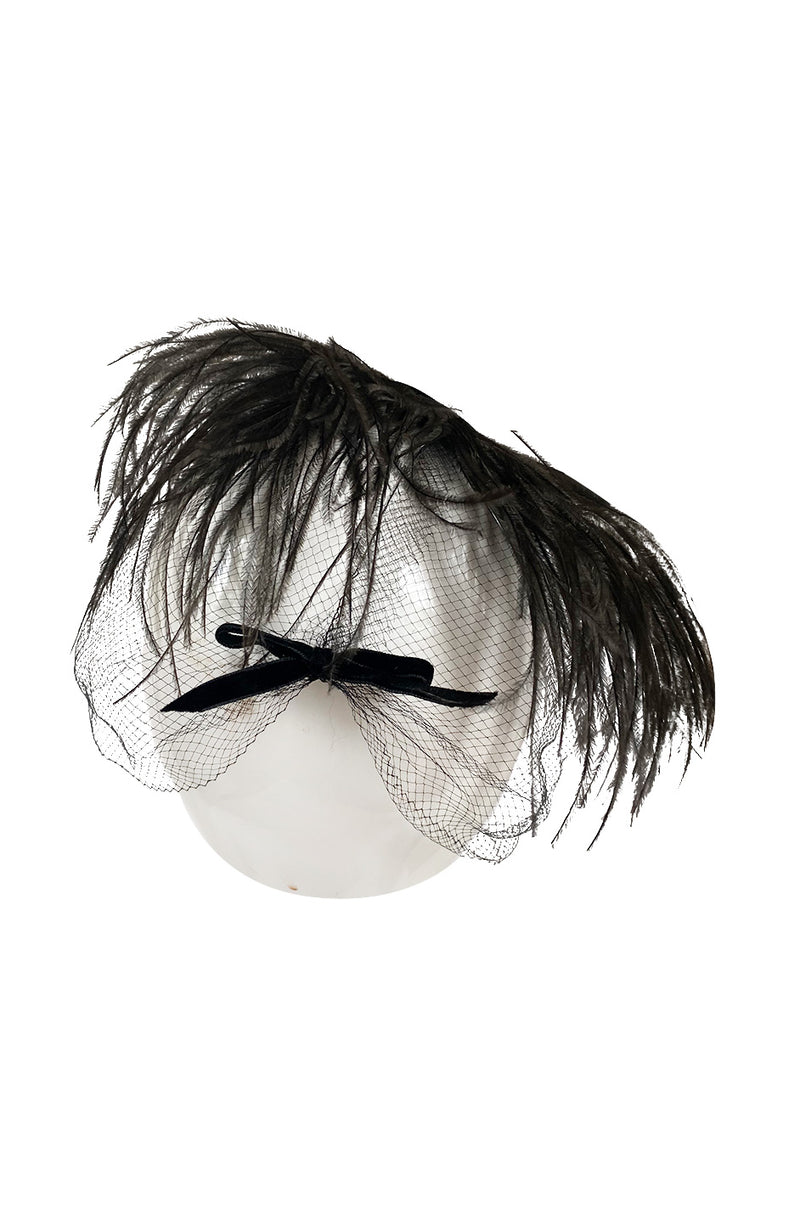 1940s Elmar Designs New York Ostrich Feather & Net Veil Hat w Bow