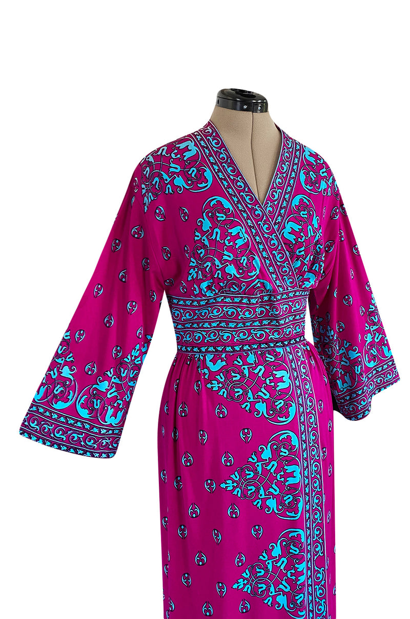 1970s Maurice Bright Fuchsia Pink & Brilliant Turquoise Print Jersey Dress