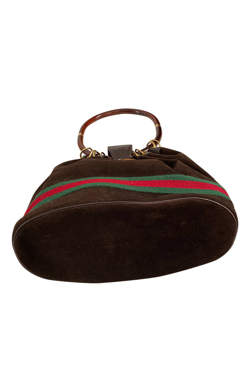 Rare & Original 1970s Gucci Deep Chocolate Suede Bucket Bag w Lucite Handle & Stripes