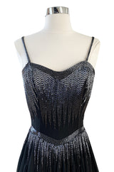 Late 1970s Oleg Cassini Extensively Beaded & Panelled Skirt Black Silk Chiffon Dress