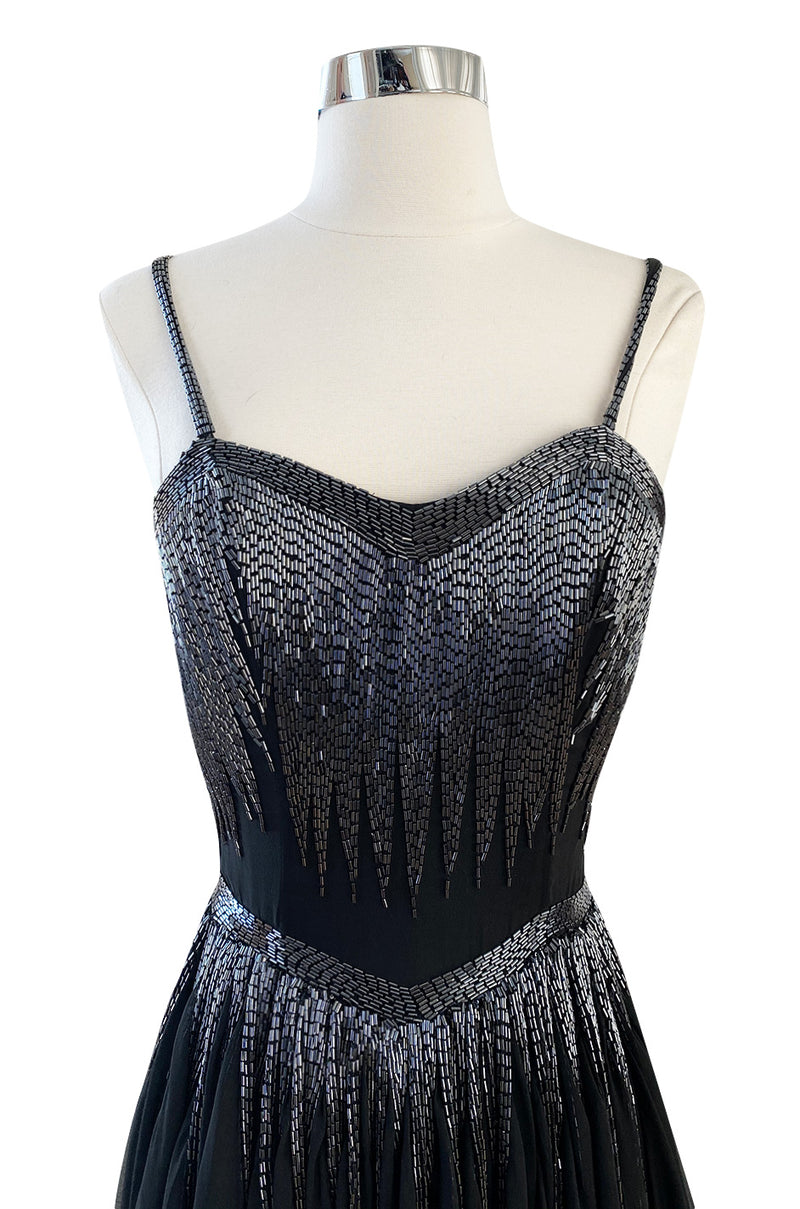Late 1970s Oleg Cassini Extensively Beaded & Panelled Skirt Black Silk Chiffon Dress