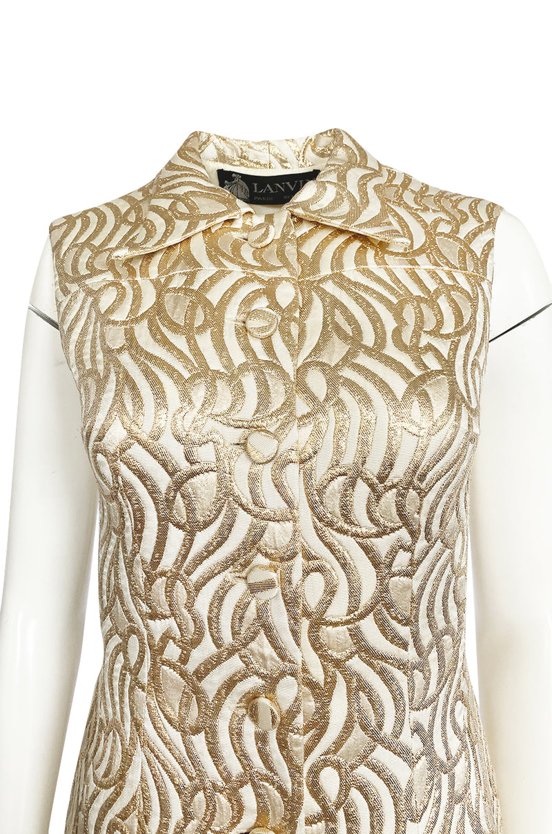 1970s Lanvin Metallic Gold Lame & Ivory One Piece Playsuit Jumpsuit