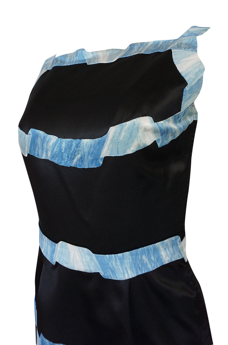 1950s Pauline Trigere Blue Ribbon Printed Black Silk Dress