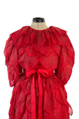 1980s Unlabeled Nina Ricci by Girard Pipard Haute Couture Red Silk & Net Leaf or Petal Dress