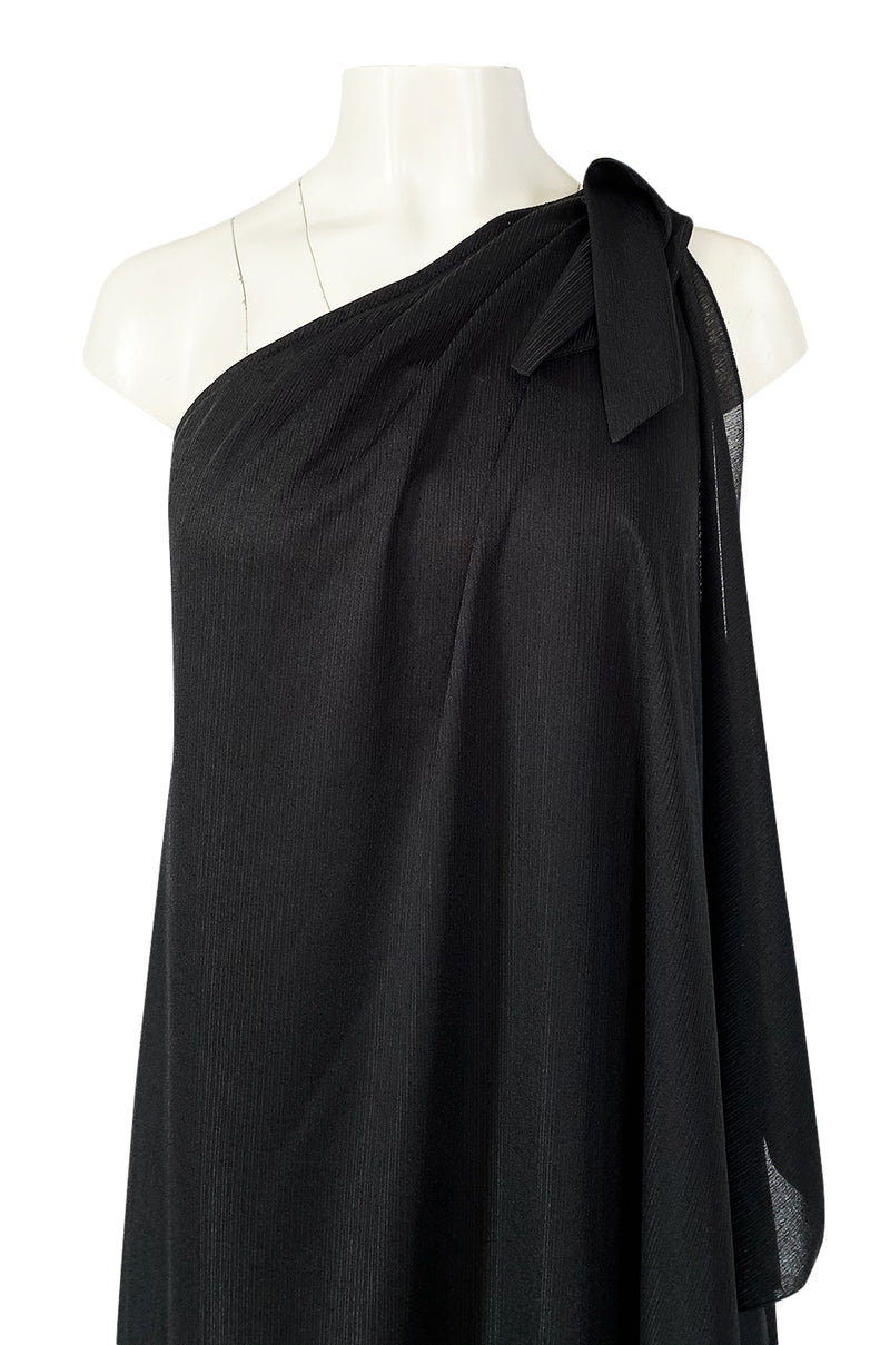 1970s Unlabeled One Shoulder Black Lightweight Jersey Nylon Dress