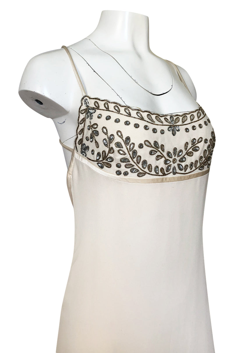 1990s Valentino Trained Backless Ivory Silk Dress w Sequin & Bead Detail
