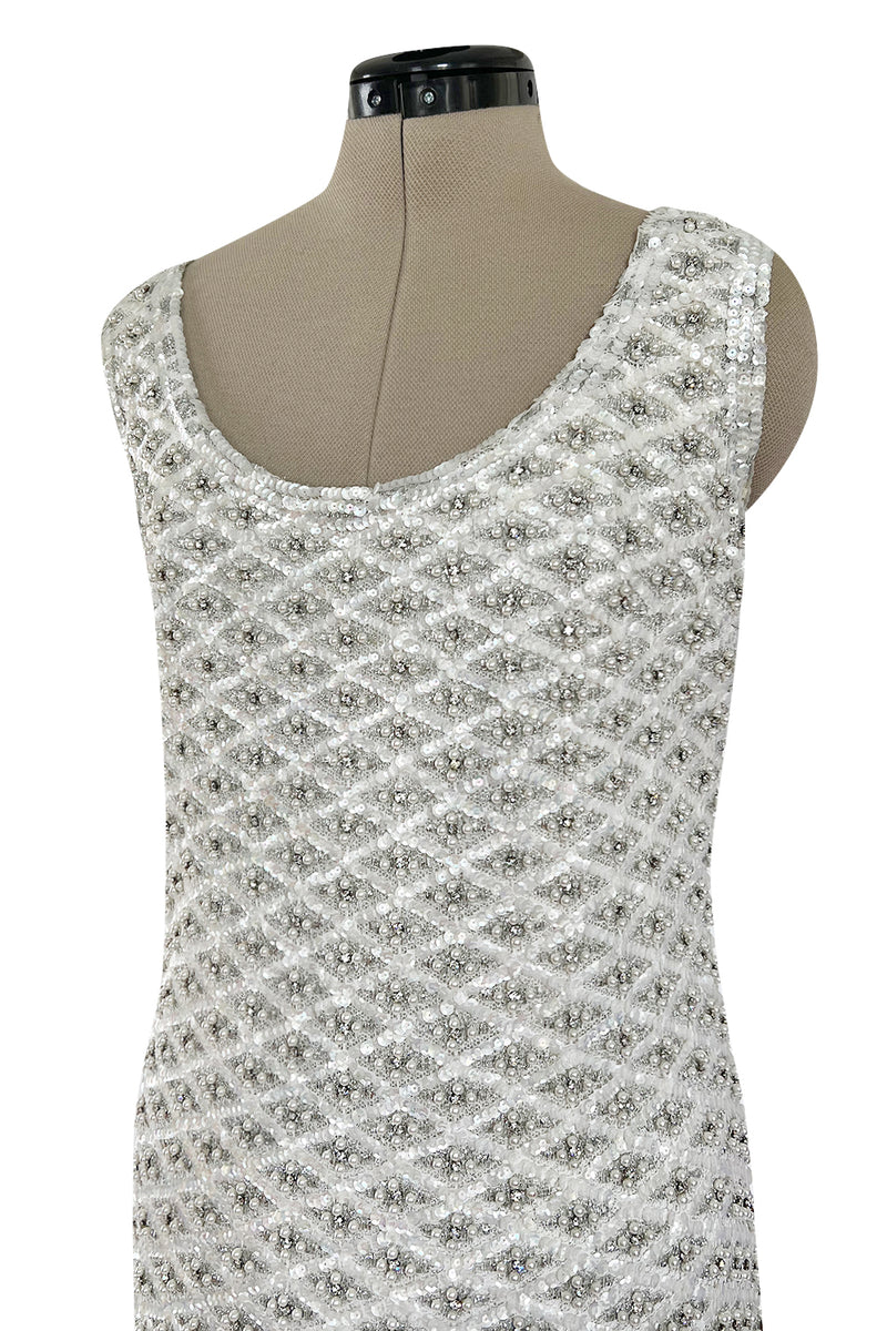 Fabulous 1960s Madeleine de Rauch Haute Couture Pearl White Sequin & Rhinestone Dress