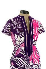 1960s Gino Charles for Malcolm Starr Purple & Pink Printed Jumpsuit w Extra Wide Legs