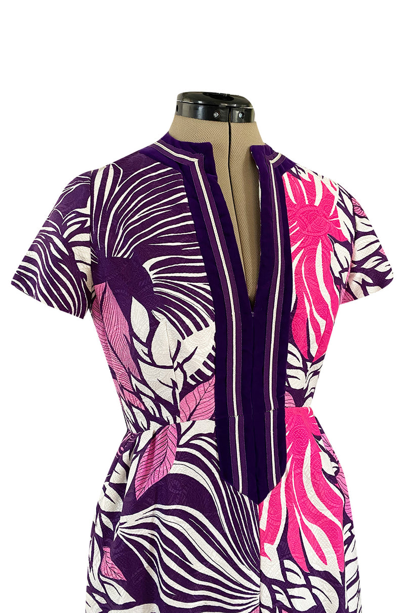 1960s Gino Charles for Malcolm Starr Purple & Pink Printed Jumpsuit w Extra Wide Legs