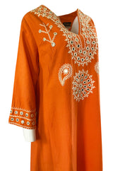1960s Hand Applied Cord & Mirror Detailed Orange Cotton Caftan Dress