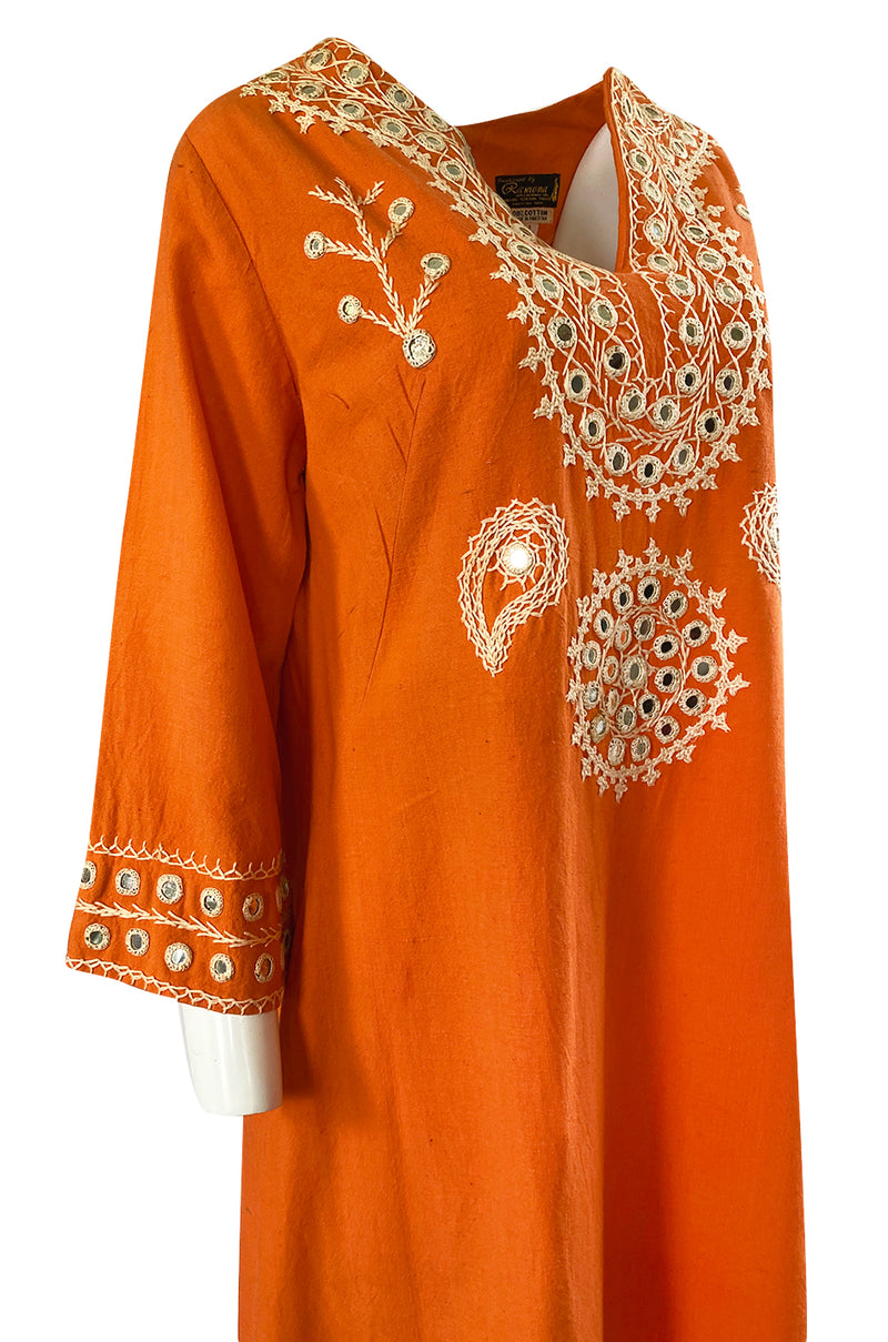 1960s Hand Applied Cord & Mirror Detailed Orange Cotton Caftan Dress