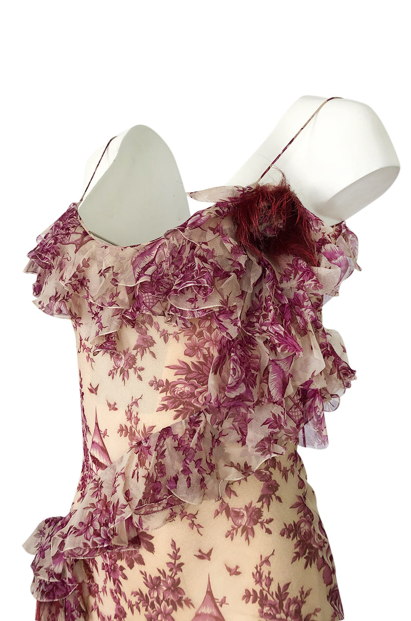 2000s John Galliano Purple Floral Print Silk Bias Cut Ruffle Dress