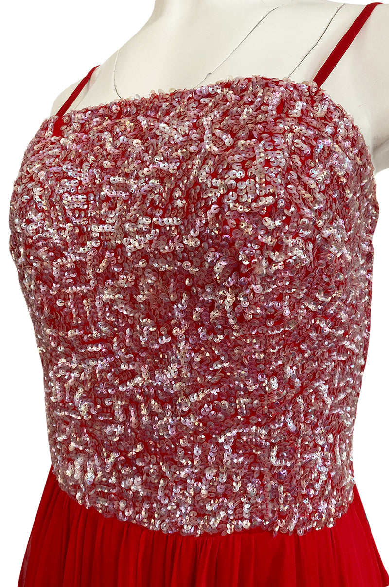 1960s Unlabeled Red Silk Chiffon & Sequin Dress w Matching Cape