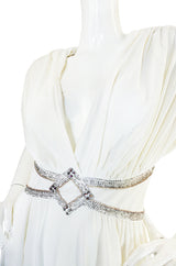 1970s Frank Usher Grecian Draped Beaded Jersey Dress