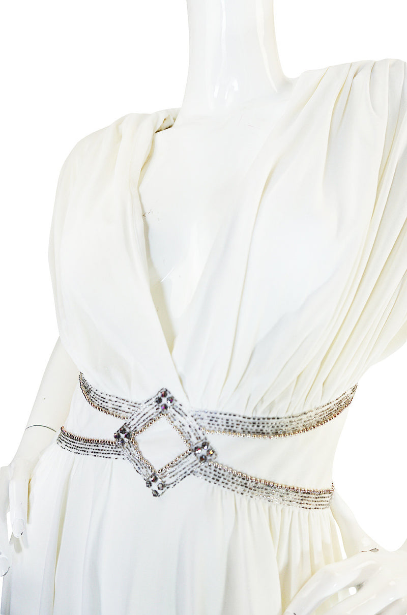 1970s Frank Usher Grecian Draped Beaded Jersey Dress