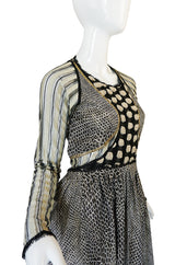 1970s Geoffrey Beene Couture Gold Metallic Lurex & Net Print Dress