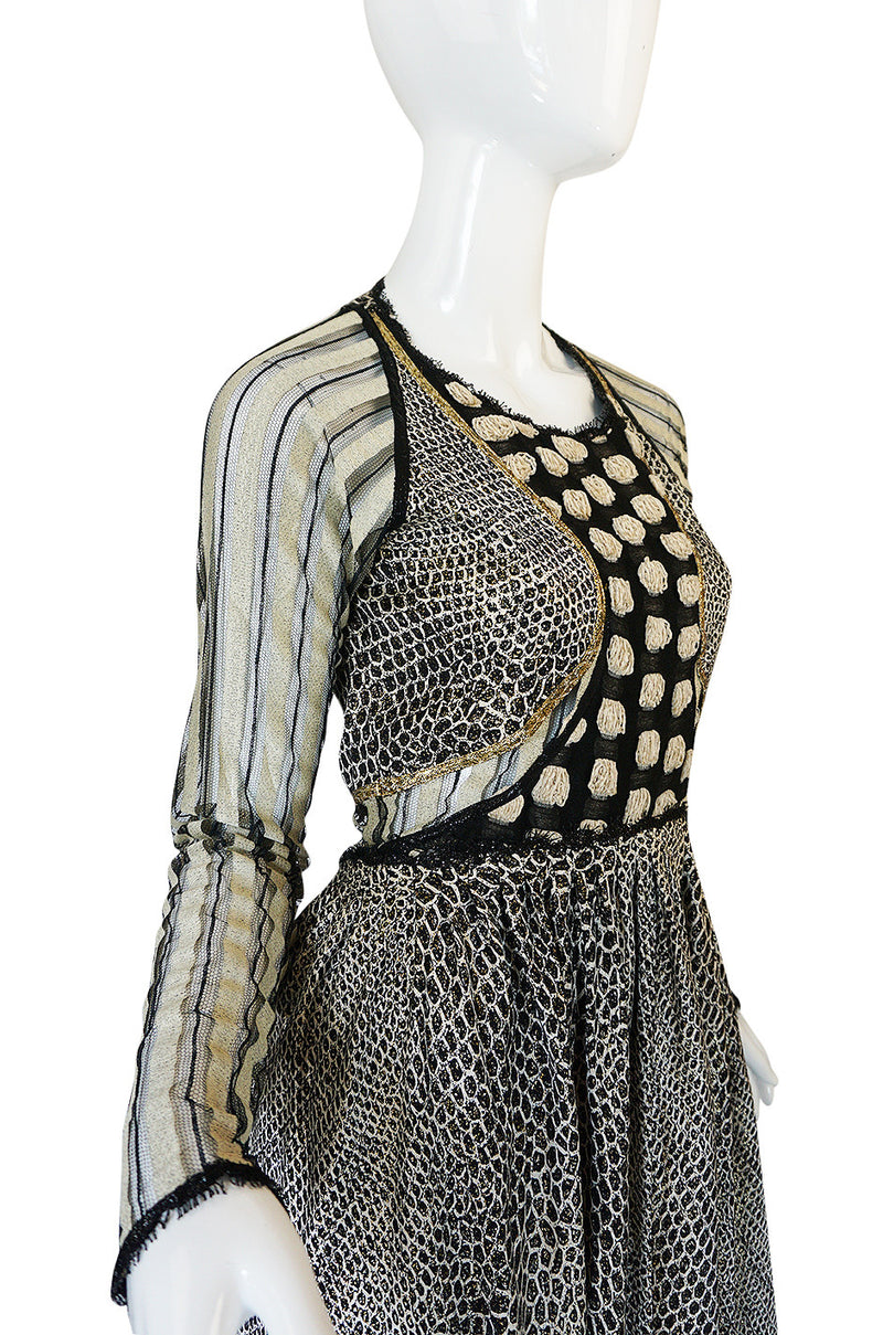 1970s Geoffrey Beene Couture Gold Metallic Lurex & Net Print Dress