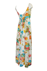 1970s Alfred Bosand Printed Floral Ribbon Silk Gown & Cape
