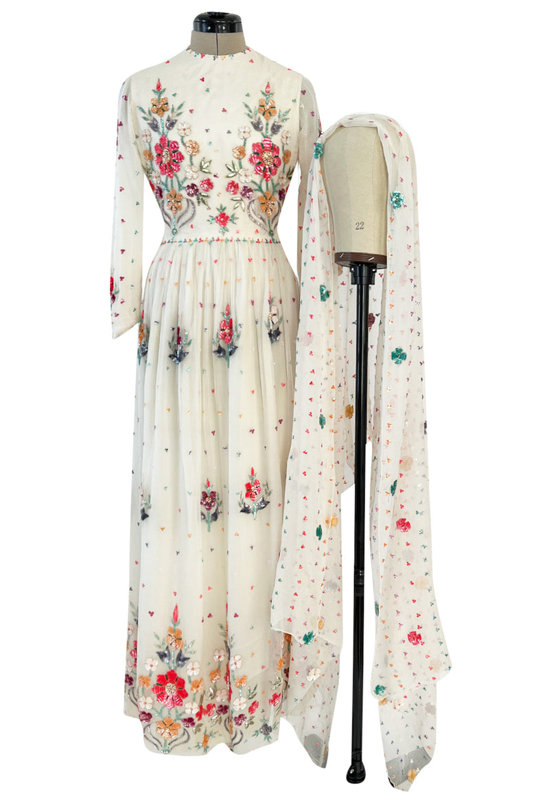 Exceptional 1960s Hand Sequinned Indian Silk Gauze Dress w Matching Veil or Shaw