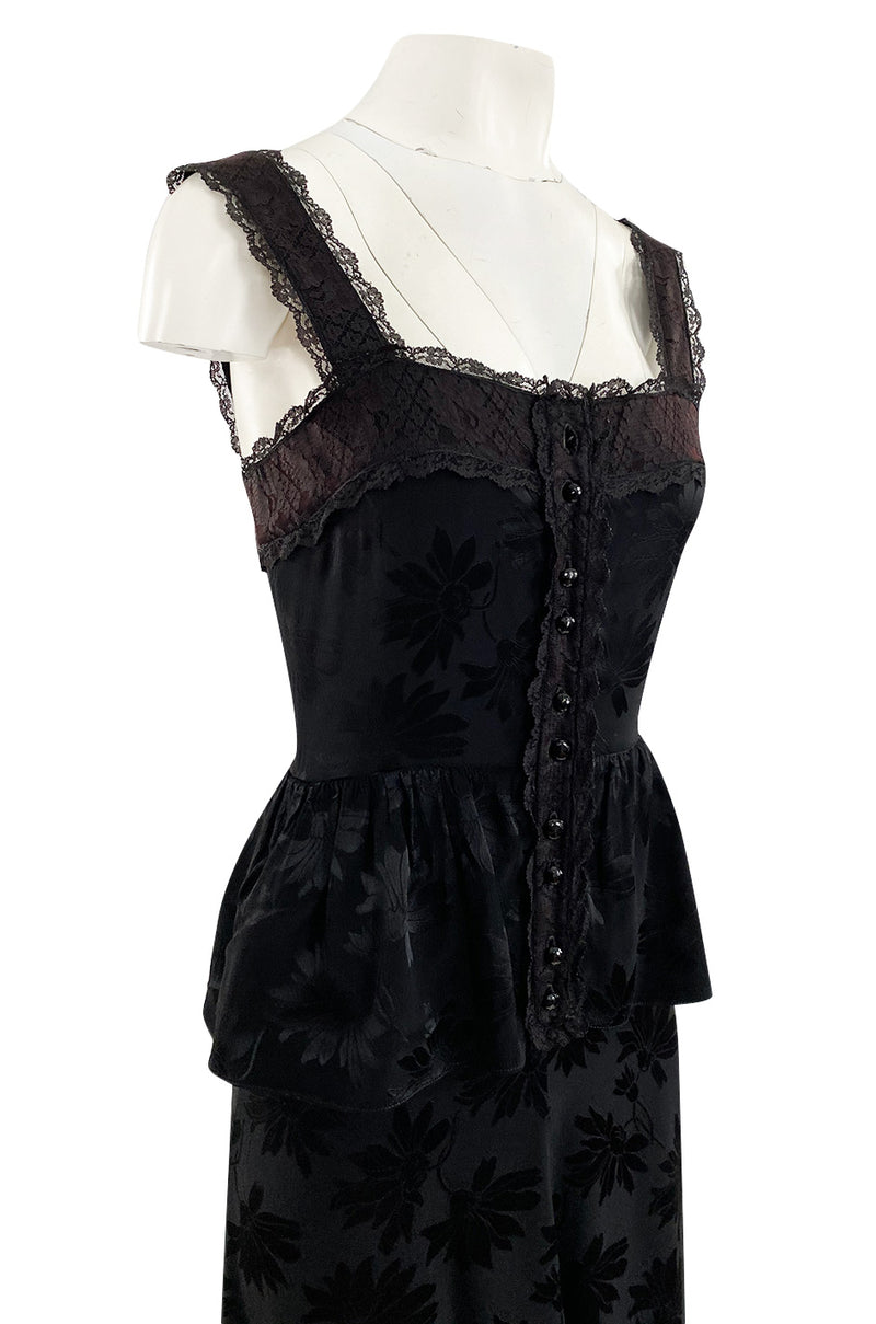 Rare 1970s Mary Quant Black Silk Floral Weave Maxi Dress w Peplum & Ruffled Hem