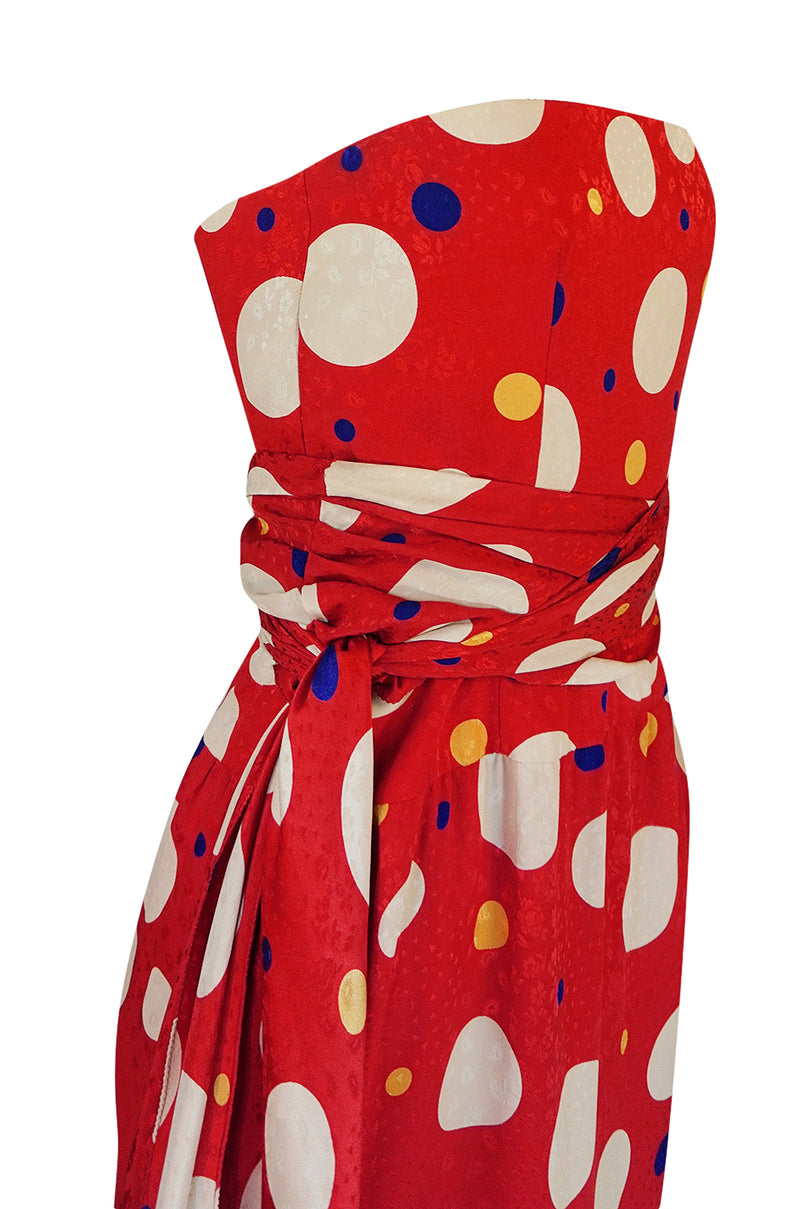 Documented 1983 Valentino Dotted Red Silk Strapless Dress