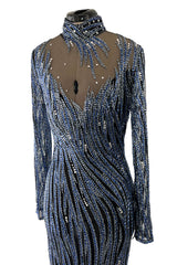 Incredible 1980s Bob Mackie Blue & Silver Beaded & Sequin Dress on Black Net