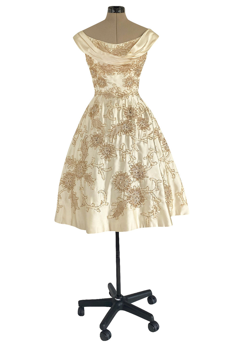 ceil chapman cocktail dress Incredible 1950s Ceil Chapman Ivory Silk Satin Dress w Gold Metal Ribb Shrimpton Couture