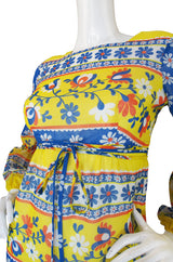1960s Yellow & Bue Floral Print Cotton Maxi Dress