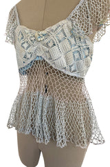 1960s Handmade Crocheted Crop Top in Blue & Pale Pink w Ruffled Cap Sleeve and Body
