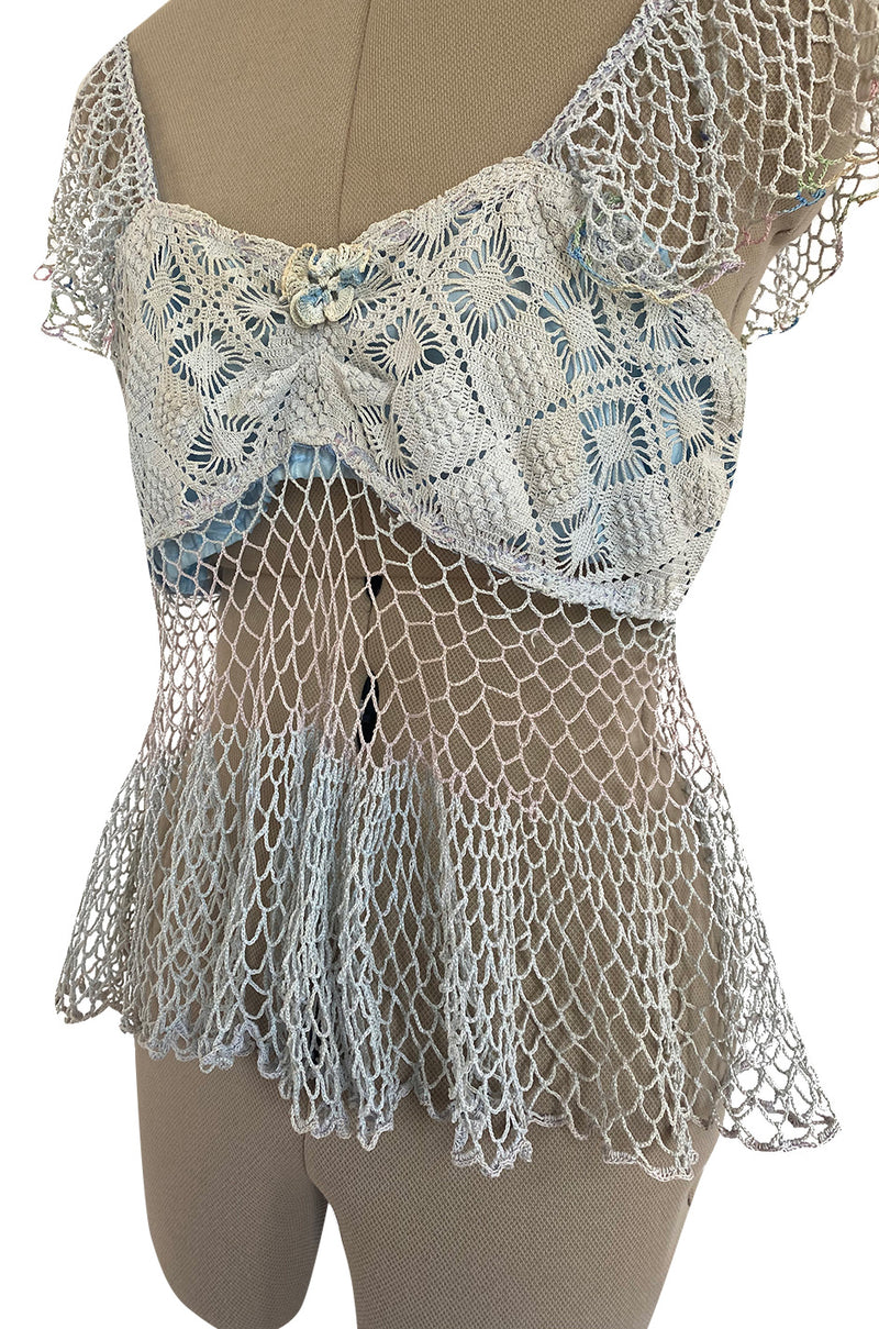 1960s Handmade Crocheted Crop Top in Blue & Pale Pink w Ruffled Cap Sleeve and Body