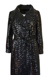 1970s Unlabeled Black Sequin Full Length Trench Style Maxi Coat
