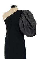 Fabulous 1980s Bill Blass One Shoulder Black Crepe & Taffeta Puff Sleeve Dress