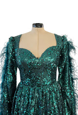 1970s Unlabeled Green Sequin Dress w Dramatic Feather Trimmed Open Extra Long Sleeve