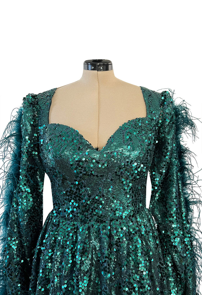 1970s Unlabeled Green Sequin Dress w Dramatic Feather Trimmed Open Extra Long Sleeve