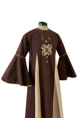 1960s Josefa Hand Embroidered Chocolate & Natural Linen Colour Bell Sleeve Caftan