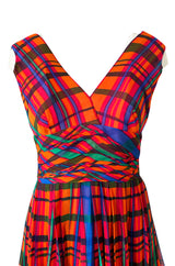 1970s Mollie Parnis Boutique Plaid Coral Blue & Green Print Chiffon Dress
