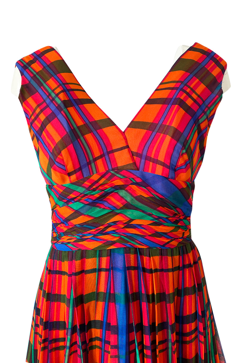 1970s Mollie Parnis Boutique Plaid Coral Blue & Green Print Chiffon Dress