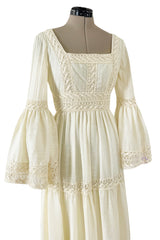 Bohemian 1970s Victor Costa Mexican Wedding Dress Feel Ivory Cotton & Lace Dress