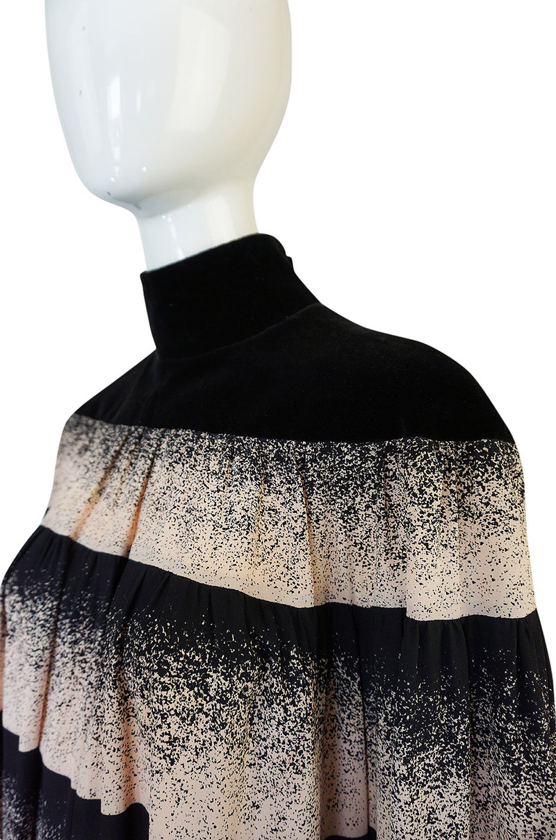 1970s Rare Chloe Printed Silk Velvet Collar Smock Dress