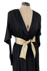 Documented 1980 Bill Tice Plunging Front Black Jersey Dress w Top Stitched Gold Belt
