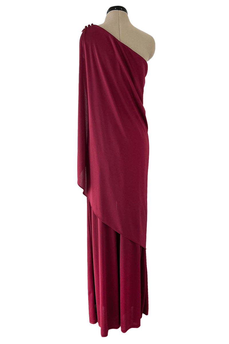 Fabulous 1970s Unlabeled Burgundy Jersey One Shoulder Wide Leg Jumpsuit