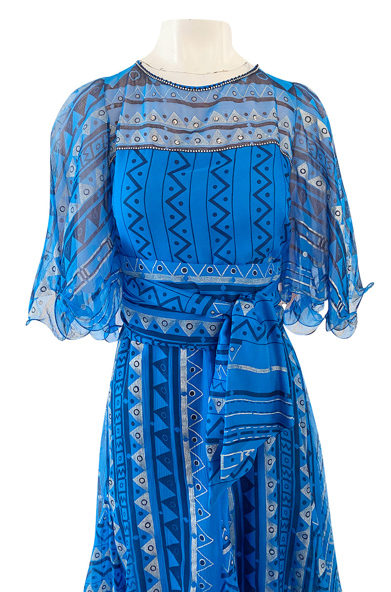 1980s Zandra Rhodes Hand Painted Silver on Blue Silk Caftan Dress w Wrap Belt & Matching Scarf