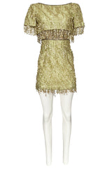 1991 Bob Mackie Gold Sequin Dangle Thread on Metallic Lace Mini Dress