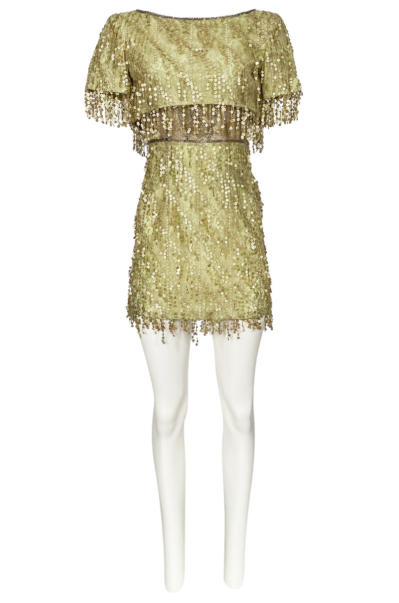 1991 Bob Mackie Gold Sequin Dangle Thread on Metallic Lace Mini Dress Shrimpton Couture 1991 Bob Mackie Gold Sequin Dangle Thread on Metallic Lace Mini Dress Shrimpton Couture