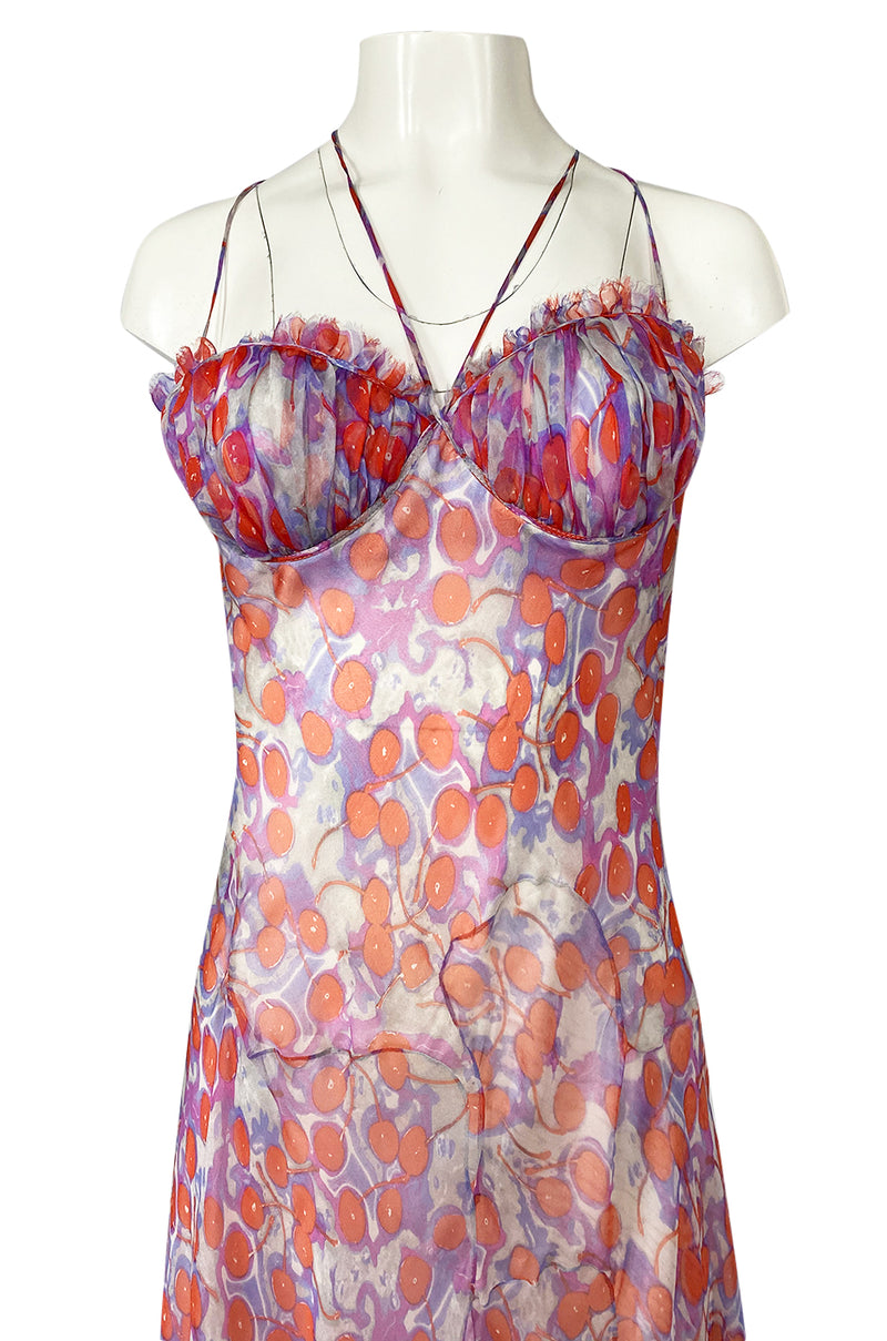 c2003 Alexander McQueen Silk Chiffon Cherry Print Backless Dress