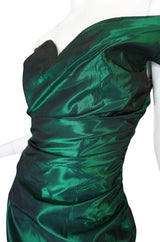 1980s Emerald Silk Taffeta Dior Off Shoulder Dress