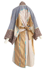 1980s Koos Van Den Akker Patchwork Collage Wrapped Cotton Coat or Dress w Wide Sash