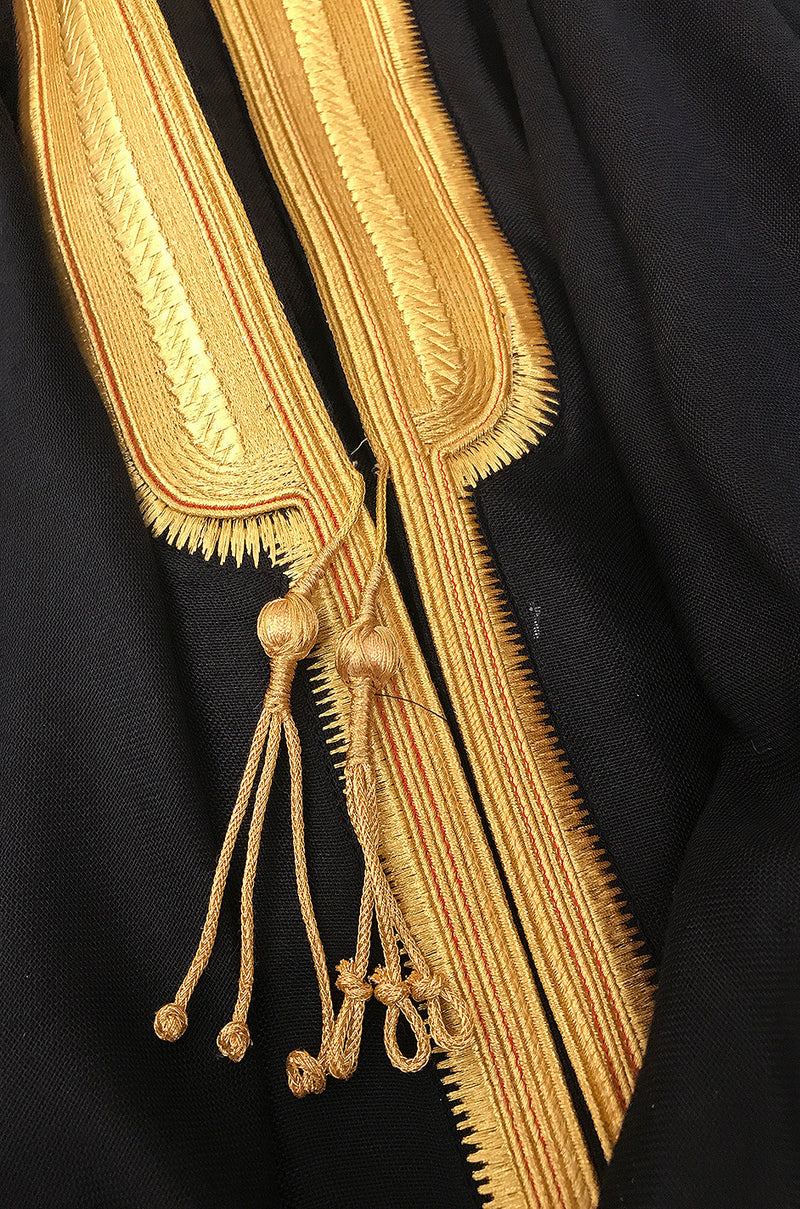 1970s Black Caftan w Gold Thread Embroidered Trim & Edging